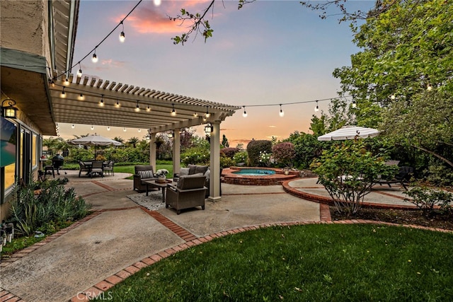 patio terrace at dusk with a lawn, a pergola, and a pool with connected hot tub