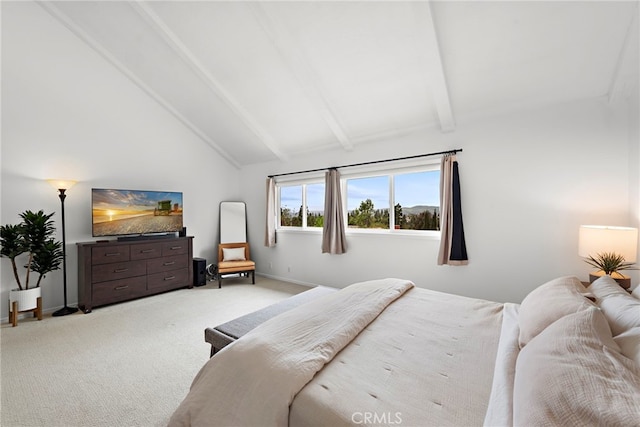 bedroom featuring light colored carpet, baseboards, and vaulted ceiling with beams
