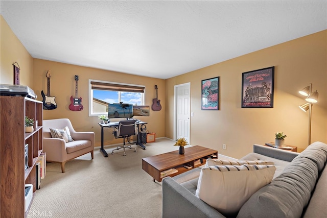 living area with baseboards and light colored carpet