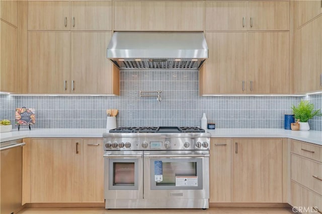 3202 Green Ln, Redondo Beach, CA 90278 - kitchen featuring wall chimney exhaust hood, light brown cabinets, and appliances with stainless steel finishes