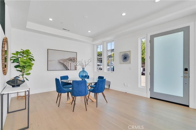 3202 Green Ln, Redondo Beach, CA 90278 - dining area with recessed lighting, light wood finished floors, visible vents, and a raised ceiling