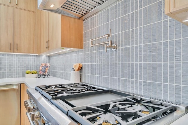 3202 Green Ln, Redondo Beach, CA 90278 - kitchen featuring light brown cabinets, cooktop, dishwasher, light countertops, and backsplash