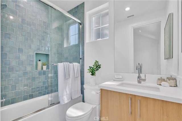 3202 Green Ln, Redondo Beach, CA 90278 - bathroom with shower / bath combination with glass door, visible vents, toilet, and vanity