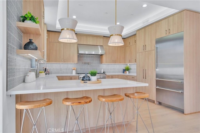 3202 Green Ln, Redondo Beach, CA 90278 - kitchen with light brown cabinets, wall chimney range hood, open shelves, stainless steel appliances, and a peninsula