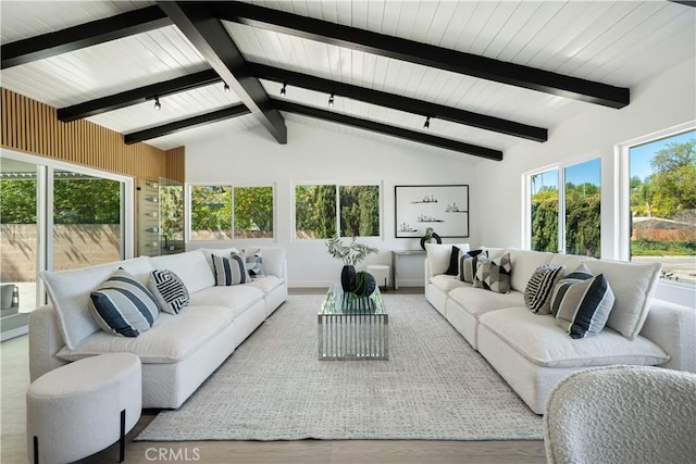 living room featuring wood finished floors and vaulted ceiling with beams