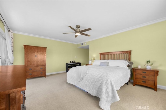 bedroom with visible vents, ornamental molding, light carpet, baseboards, and ceiling fan