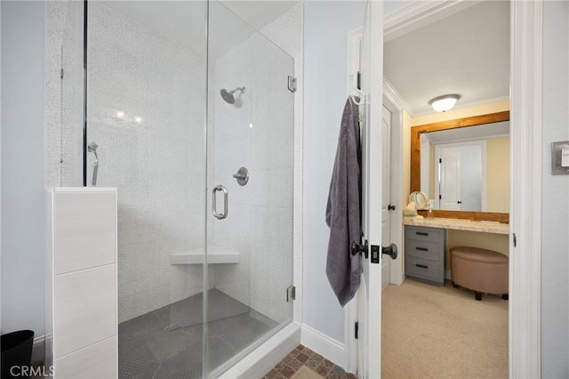 full bath with a shower stall and baseboards