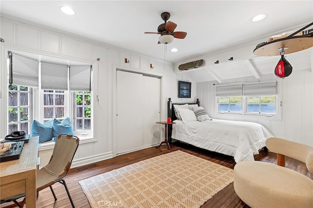 15 N Callecita, Laguna Beach, CA 92651 - bedroom with a decorative wall, crown molding, dark wood-type flooring, recessed lighting, and ceiling fan