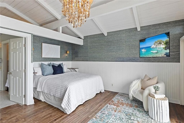 15 N Callecita, Laguna Beach, CA 92651 - bedroom featuring a wainscoted wall, a chandelier, wood finished floors, and wooden ceiling