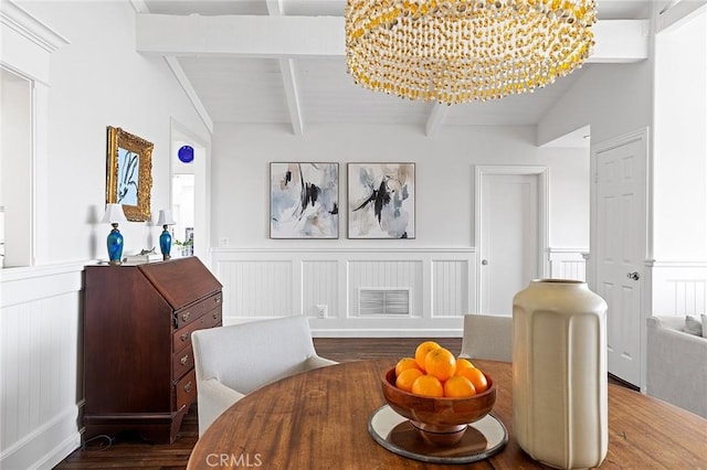 15 N Callecita, Laguna Beach, CA 92651 - dining room with a decorative wall, wood finished floors, a wainscoted wall, and a chandelier