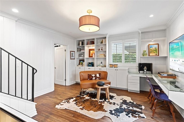15 N Callecita, Laguna Beach, CA 92651 - office area featuring built in desk, crown molding, and wood-type flooring