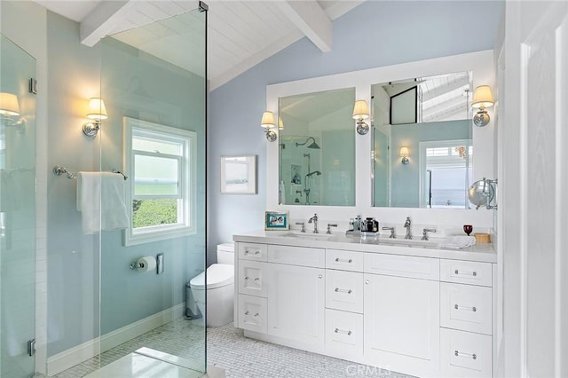 15 N Callecita, Laguna Beach, CA 92651 - bathroom featuring toilet, a stall shower, double vanity, and baseboards