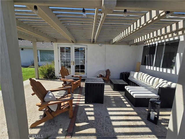 view of patio with a pergola, outdoor lounge area, and french doors