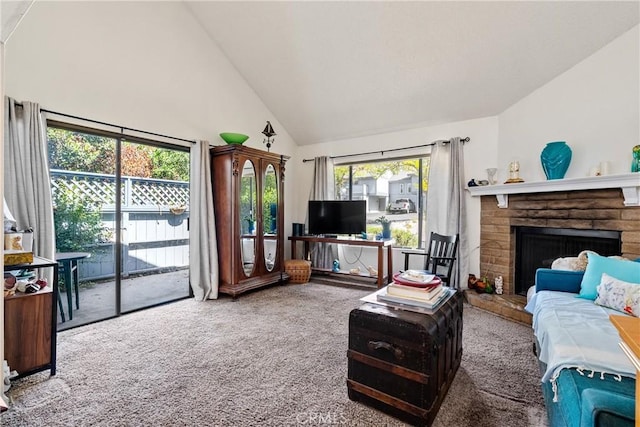 1 Quail Ridge Dr, Atascadero, CA 93422 - living room with carpet floors, high vaulted ceiling, and a brick fireplace