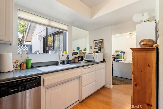 1 Quail Ridge Dr, Atascadero, CA 93422 - kitchen featuring dishwasher, a sink, light wood-type flooring, white cabinets, and white microwave