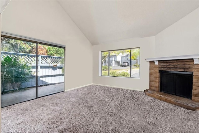 1 Quail Ridge Dr, Atascadero, CA 93422 - unfurnished living room featuring carpet, healthy amount of natural light, high vaulted ceiling, baseboards, and a fireplace