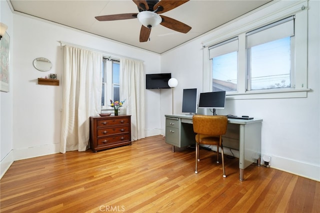 office featuring light wood-type flooring, a ceiling fan, and baseboards