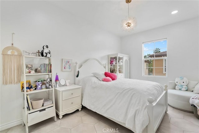 bedroom with light tile patterned flooring, a chandelier, and recessed lighting