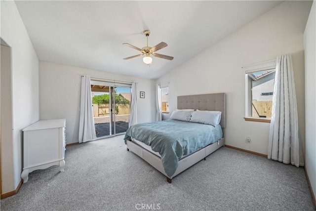 carpeted bedroom featuring access to outside, a ceiling fan, baseboards, and lofted ceiling