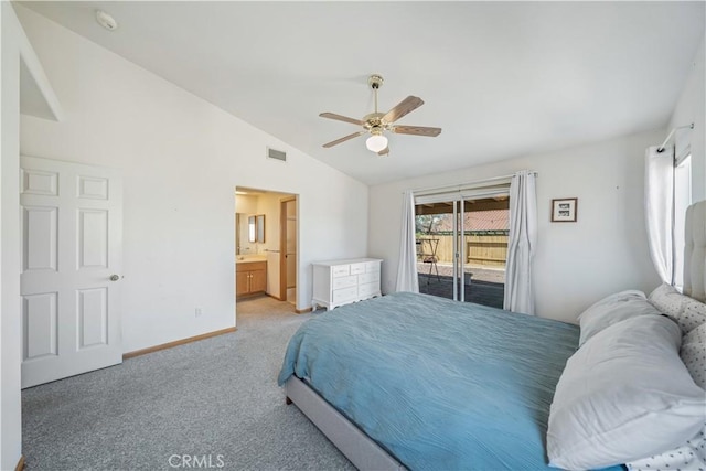 bedroom with visible vents, light colored carpet, baseboards, lofted ceiling, and access to outside