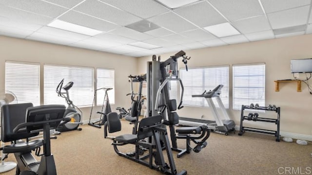 28320 Via Bandita, Menifee, CA 92585 - gym featuring a paneled ceiling, baseboards, and carpet