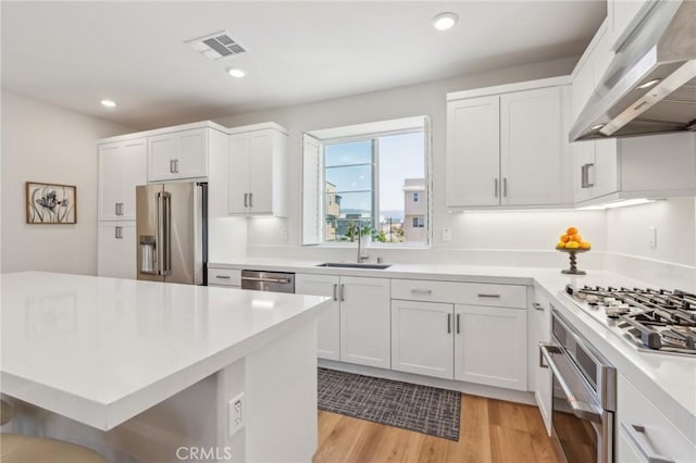 kitchen with under cabinet range hood, light countertops, visible vents, a sink, and appliances with stainless steel finishes
