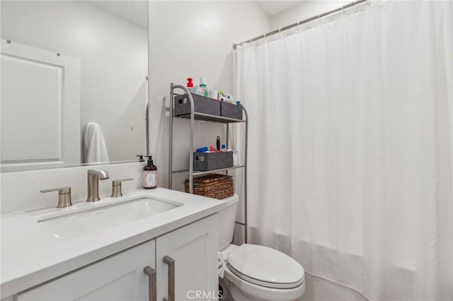 bathroom with toilet, vanity, and shower / bathtub combination with curtain