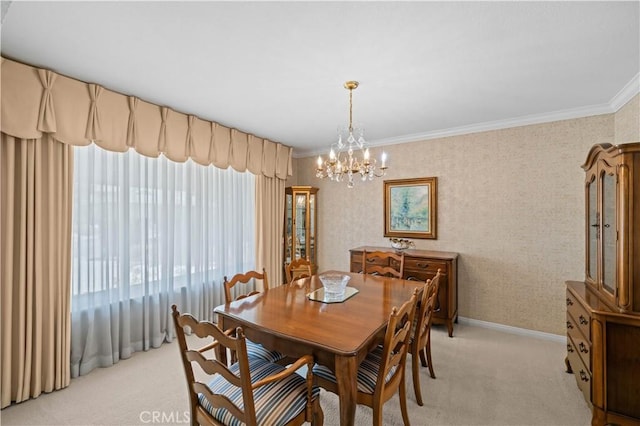 415 S Cedarhaven Way, Anaheim Hills, CA 92807 - dining room with baseboards, a chandelier, ornamental molding, light carpet, and wallpapered walls