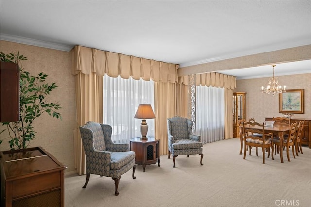 415 S Cedarhaven Way, Anaheim Hills, CA 92807 - sitting room with an inviting chandelier, ornamental molding, light carpet, and wallpapered walls