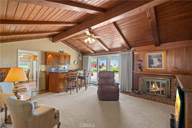 415 S Cedarhaven Way, Anaheim Hills, CA 92807 - living room featuring ceiling fan, a brick fireplace, wooden ceiling, lofted ceiling with beams, and light carpet