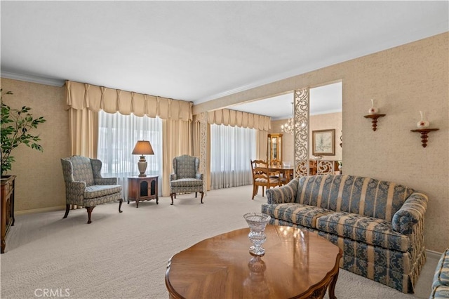 415 S Cedarhaven Way, Anaheim Hills, CA 92807 - living area with carpet floors, crown molding, and a chandelier