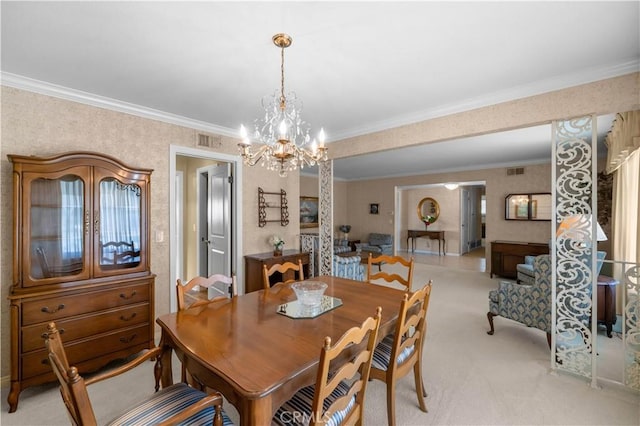 415 S Cedarhaven Way, Anaheim Hills, CA 92807 - dining room featuring visible vents, ornamental molding, light carpet, and an inviting chandelier