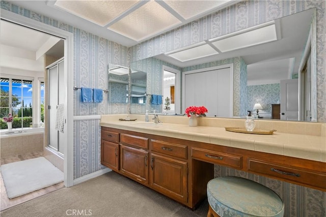415 S Cedarhaven Way, Anaheim Hills, CA 92807 - bathroom featuring vanity, a garden tub, a shower stall, and wallpapered walls