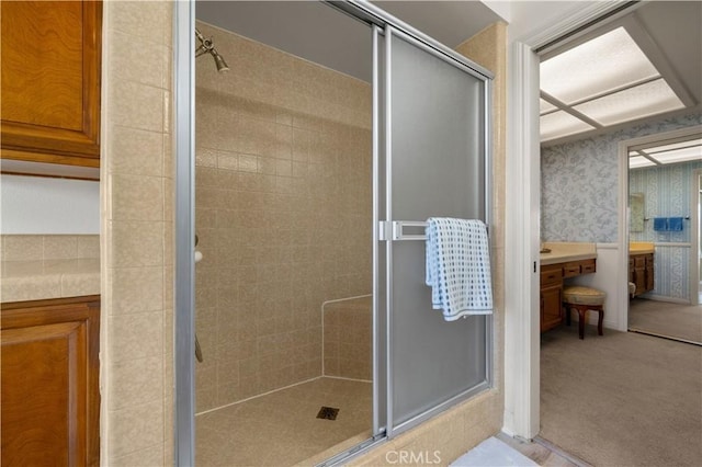 415 S Cedarhaven Way, Anaheim Hills, CA 92807 - bathroom featuring vanity, a shower stall, and wallpapered walls