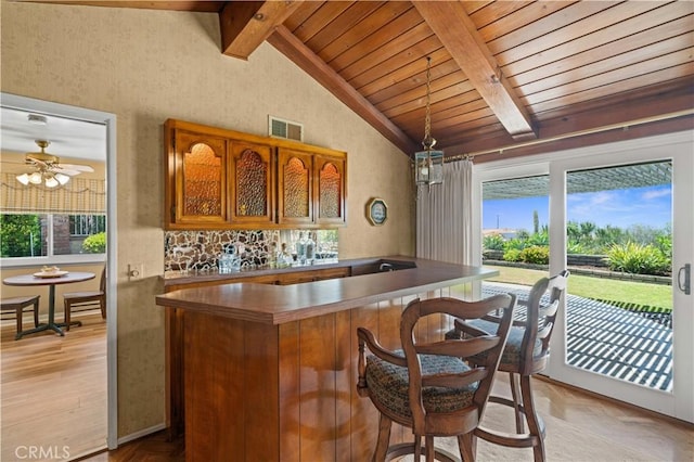 415 S Cedarhaven Way, Anaheim Hills, CA 92807 - bar with lofted ceiling with beams, wooden ceiling, a wealth of natural light, and visible vents