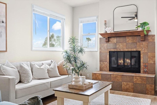 720 San Luis Obispo Pl Unit D, San Diego, CA 92109 - living area with a ceiling fan, wood finished floors, and a fireplace