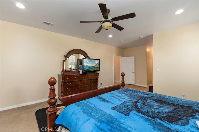 carpeted bedroom with visible vents, a ceiling fan, baseboards, and recessed lighting