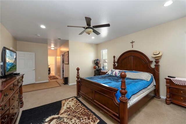 bedroom with carpet floors, recessed lighting, and baseboards