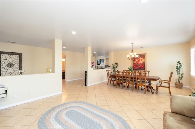 dining space featuring visible vents, an inviting chandelier, light tile patterned flooring, baseboards, and recessed lighting