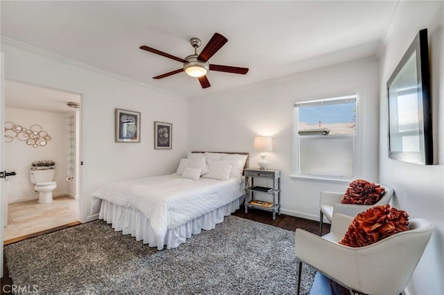 6901 Bertrand Ave, Reseda, CA 91335 - bedroom featuring crown molding, a ceiling fan, ensuite bath, and baseboards