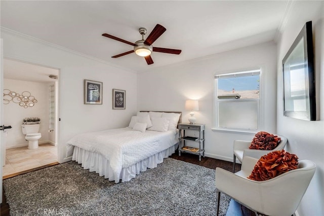 6901 Bertrand Ave, Reseda, CA 91335 - bedroom featuring ornamental molding, a ceiling fan, and ensuite bath