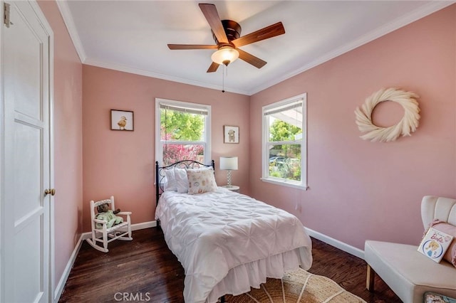 6901 Bertrand Ave, Reseda, CA 91335 - bedroom featuring dark wood finished floors, baseboards, crown molding, and ceiling fan
