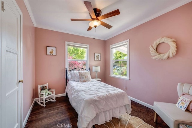 6901 Bertrand Ave, Reseda, CA 91335 - bedroom with dark wood-style floors, crown molding, and a ceiling fan