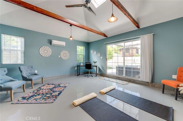 6901 Bertrand Ave, Reseda, CA 91335 - workout room with ceiling fan, baseboards, high vaulted ceiling, and a wall unit AC