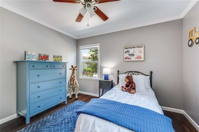 6901 Bertrand Ave, Reseda, CA 91335 - bedroom with baseboards, ornamental molding, ceiling fan, and dark wood-style floors