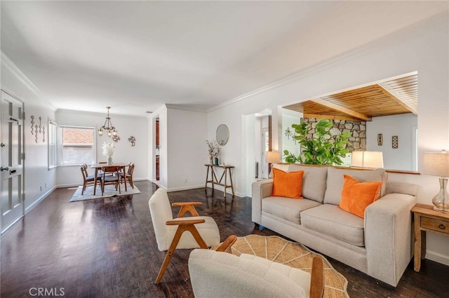 6901 Bertrand Ave, Reseda, CA 91335 - living area featuring baseboards, wood finished floors, a chandelier, and ornamental molding