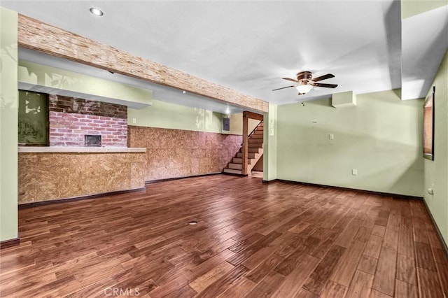 2310 Las Palomas Dr, La Habra Heights, CA 90631 - unfurnished living room featuring baseboards, wood finished floors, stairs, and ceiling fan