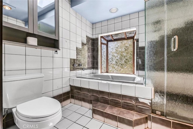 2310 Las Palomas Dr, La Habra Heights, CA 90631 - full bathroom featuring a garden tub, tile patterned floors, a shower with shower door, tile walls, and toilet