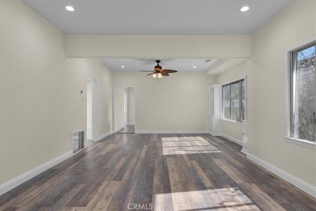 unfurnished living room featuring recessed lighting, wood finished floors, visible vents, baseboards, and ceiling fan