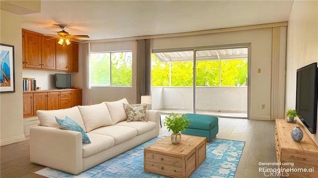400 S Los Robles Ave Unit 306, Pasadena, CA 91101 - living room featuring a ceiling fan, light wood-style flooring, and baseboards
